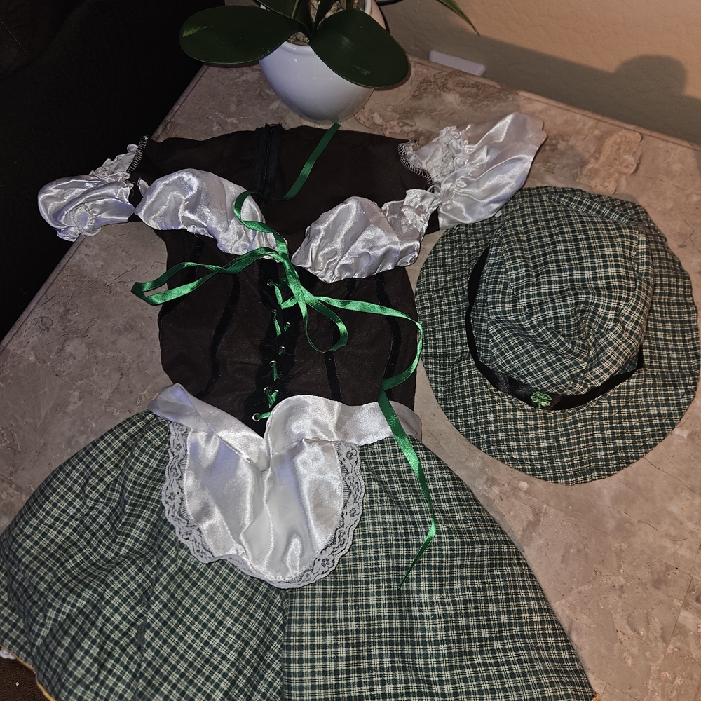 Green and White Costume Dress with A 4 Leaf Clover Hat